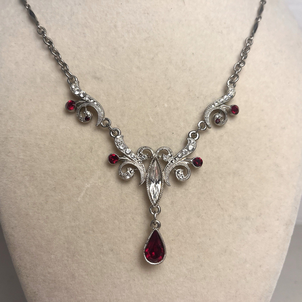 1928 Victorian Style Faux Diamond Ruby Teardrop Y Necklace Vintage Adjusts 18"